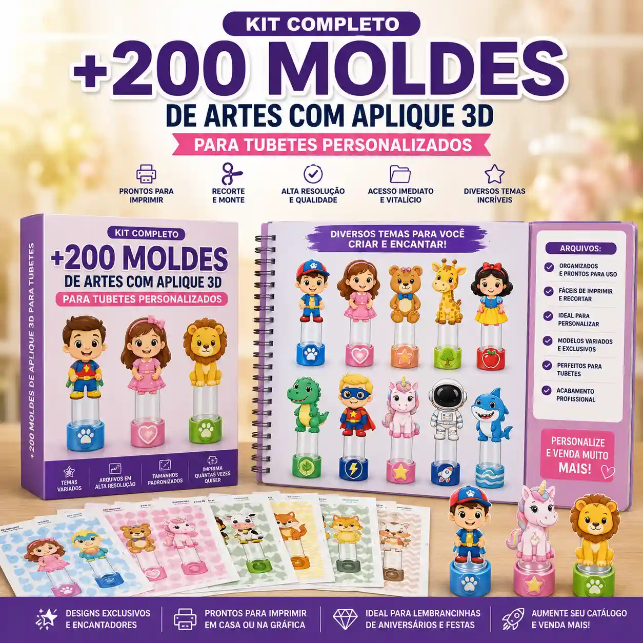 Kit completo com mais de 200 moldes de artes com aplique 3D para tubetes